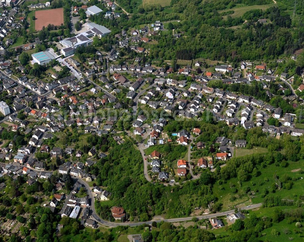 Bendorf from above - View of the North of the town of Bendorf in the state of Rhineland-Palatinate. The town is located in the county district of Mayen-Koblenz on the right riverbank of the river Rhine. The town is an official tourist resort and is located on the German Limes Road. It consists of the four parts Bendorf, Sayn, Muelhofen and Stromberg. The North of Bendorf includes two schools with adjacent sports facilities