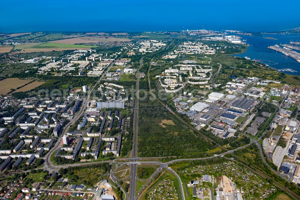 Rostock from the bird's eye view: City view in the northern part of the city with Warnemuende and Osteeim in the background in the Gross Klein part of Rostock on the Baltic Sea coast in the state Mecklenburg - Western Pomerania, Germany