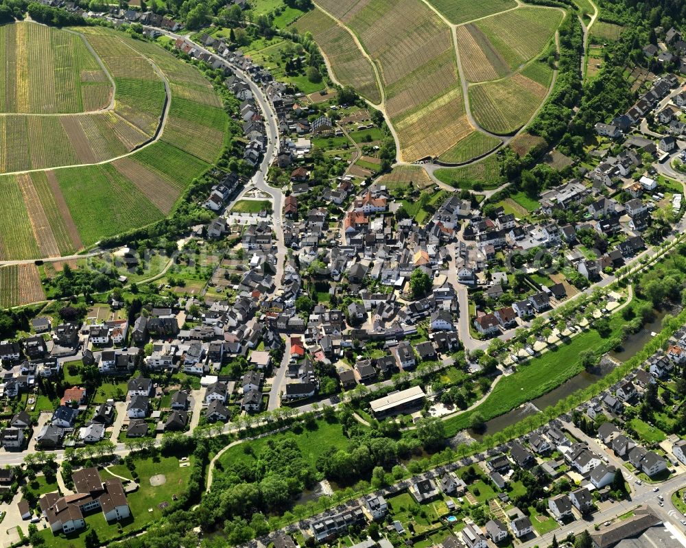 Bad Neuenahr-Ahrweiler from above - View of the district of Ahrweiler in Bad Neuenahr-Ahrweiler in the state of Rhineland-Palatinate. The city is located in the Ahr Valley in the Rhineland located on the left side of the river. The River Ahr divides the city into a North and a South part. The parts of the city consist of residential areas with single family units and multi family homes and several sports grounds, wooded areas and green spaces