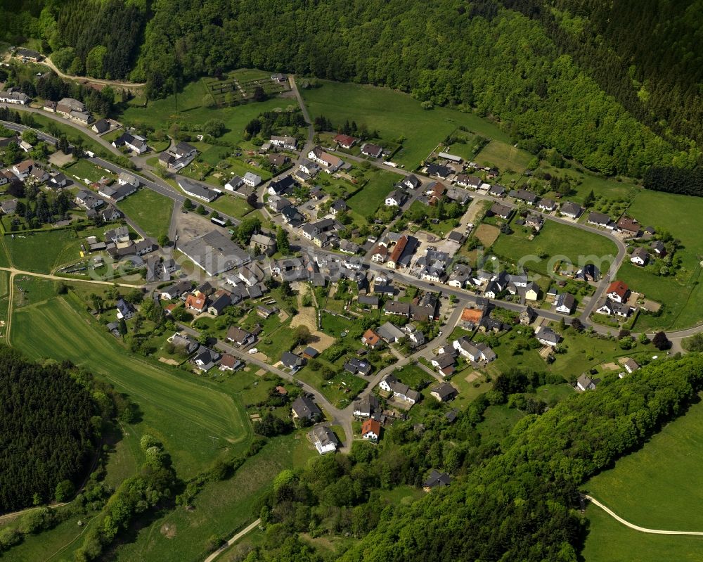 Aerial photograph Quiddelbach - View of the borough of Quiddelbach in the state of Rhineland-Palatinate. Quiddelbach is located in a valley and surrounded by forest in the district of Ahrweiler. The state forest Adenau borders on the residential area in the North of the village