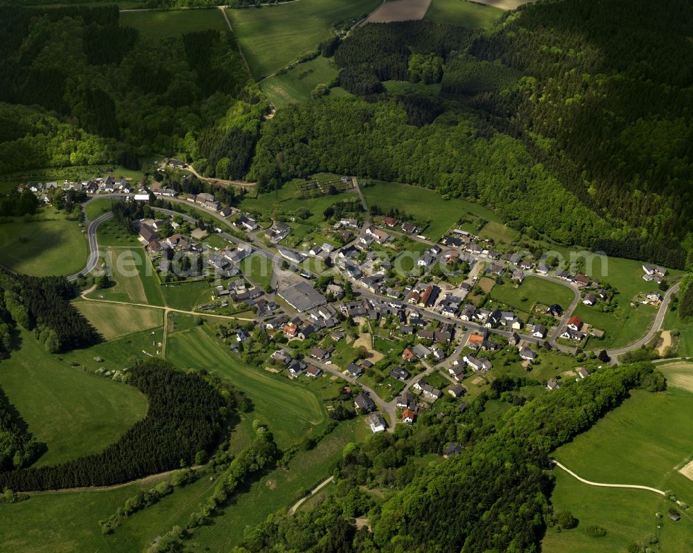 Quiddelbach from the bird's eye view: View of the borough of Quiddelbach in the state of Rhineland-Palatinate. Quiddelbach is located in a valley and surrounded by forest in the district of Ahrweiler. The state forest Adenau borders on the residential area in the North of the village