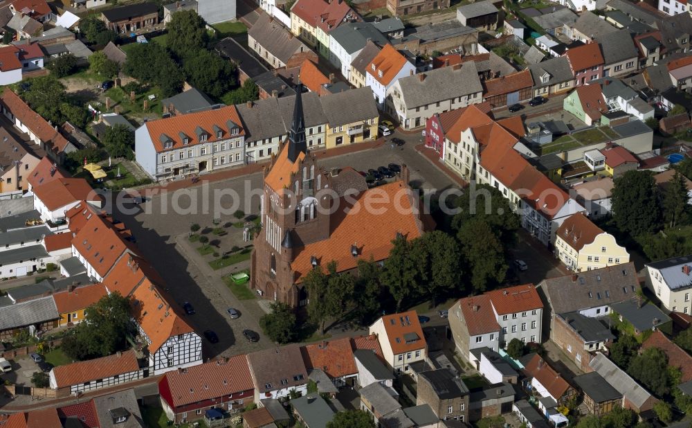 Aerial image Usedom - City view from the town center with the St. Mary's Church, brick church on the market of Usedom in Mecklenburg-Western Pomerania