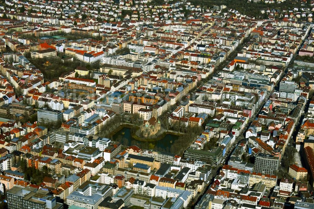 Stuttgart from the bird's eye view: District entlang Johannesstrasse - Feuerseeplatz - Hermannstrasse in the city in the district Feuersee in Stuttgart in the state Baden-Wurttemberg, Germany