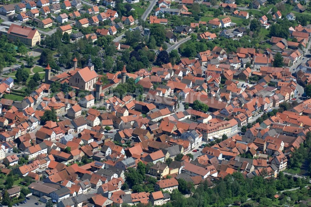 Aerial image Ostheim vor der Rhön - Cityscape Ostheim with the church mountain with the St. Michael Chruch in Bavaria