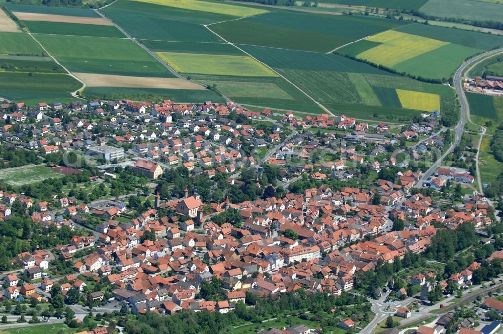 Ostheim vor der Rhön from above - Cityscape Ostheim with the church mountain with the St. Michael Chruch in Bavaria