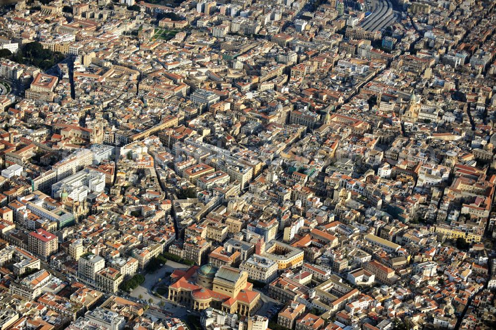 Palermo Sizilien from above - Cityscape of Palermo at Sicily in Italy with the Pawnship district, Castle by the Sea district, Royal Palace district and Court district