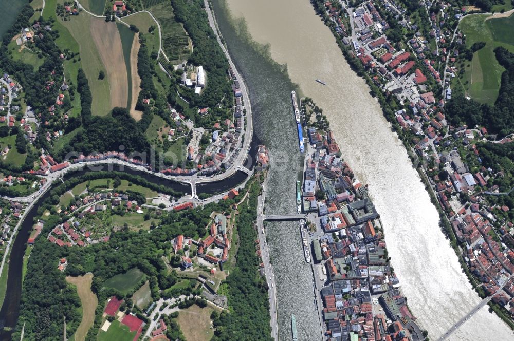 Passau from the bird's eye view: City view of Passau on the banks of the Donau river in Bavaria