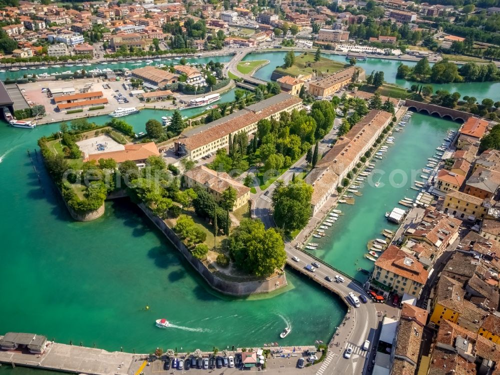 Peschiera del Garda from above - City view of Peschiera del Garda in the province Verona in Italy. The City is locaded at the southern bank of the Gardasee. Also the Mincio river flows into the Gardasee