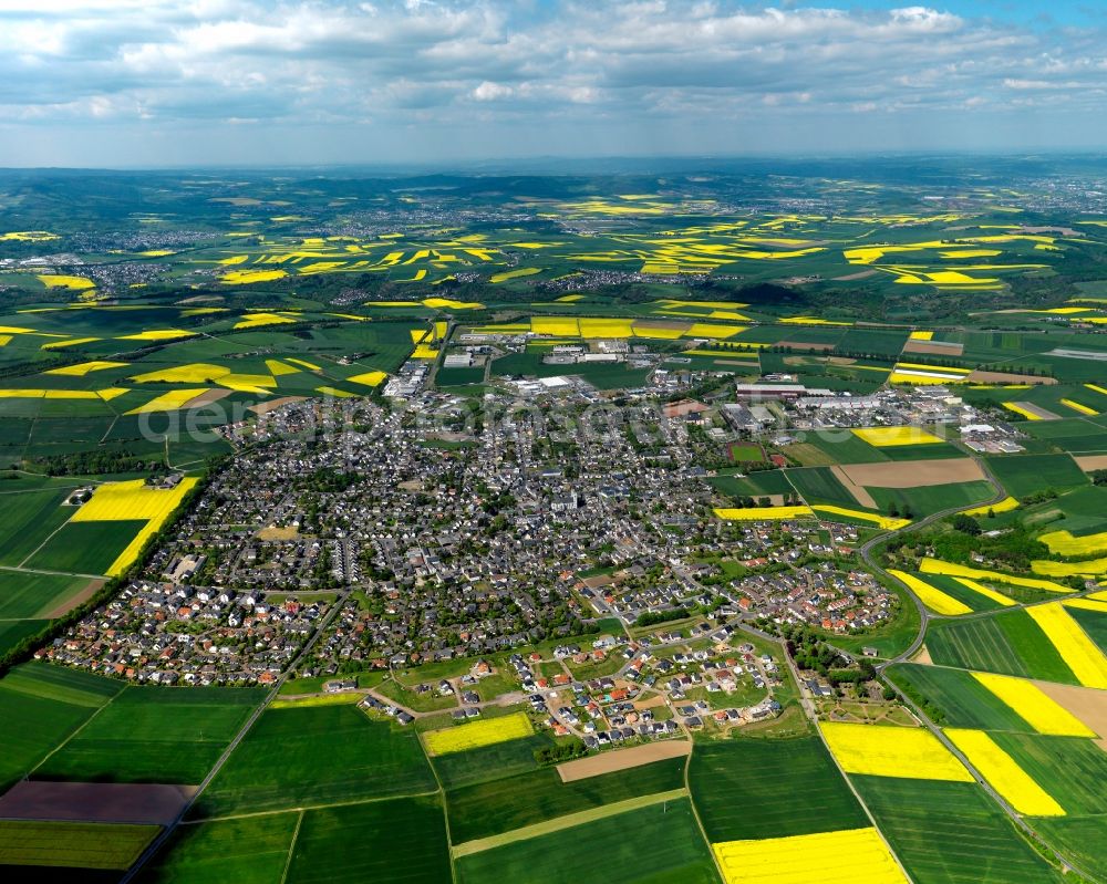 Aerial image Polch - View of Polch in the state of Rhineland-Palatinate. The agricultural town is located in the county district of Mayen-Koblenz and surrounded meadows and rapeseed fields. It is located in the borough of Maifeld, in the South of the federal motorway A 48. It consists of residential, industrial and commercial areas