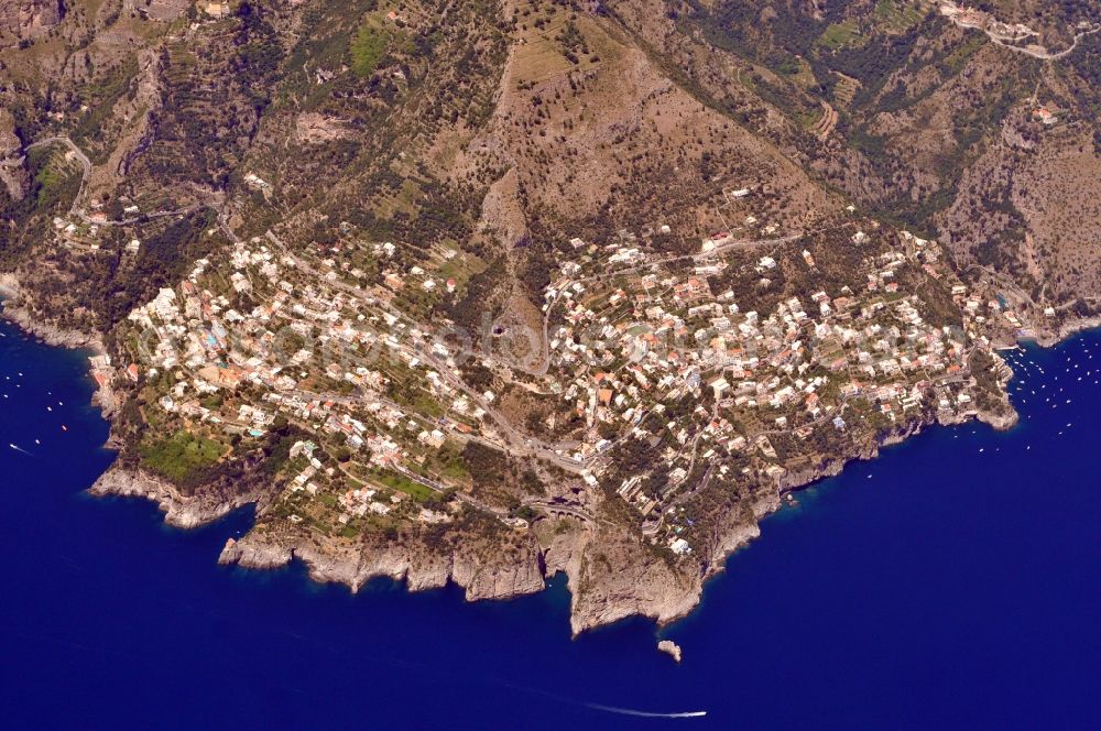 Praiano from the bird's eye view: City view of Praiano at the Amalfi Coast in the province Salerno in Italy