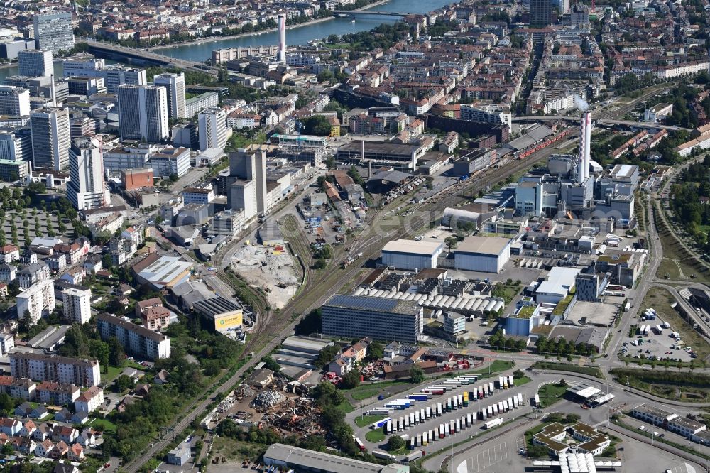 Aerial image Basel - District St. Johann with the area of Lysbuechel in the city in Basel, Switzerland