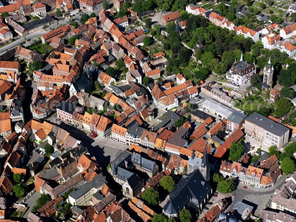 Aerial image Quedlinburg - Townscape of Quedlinburg in Saxony-Anhalt. Quedlinburg was announced as a World Heritage Site by the UNESCO in 1994. Thus it is one of the largest land monuments in Germany