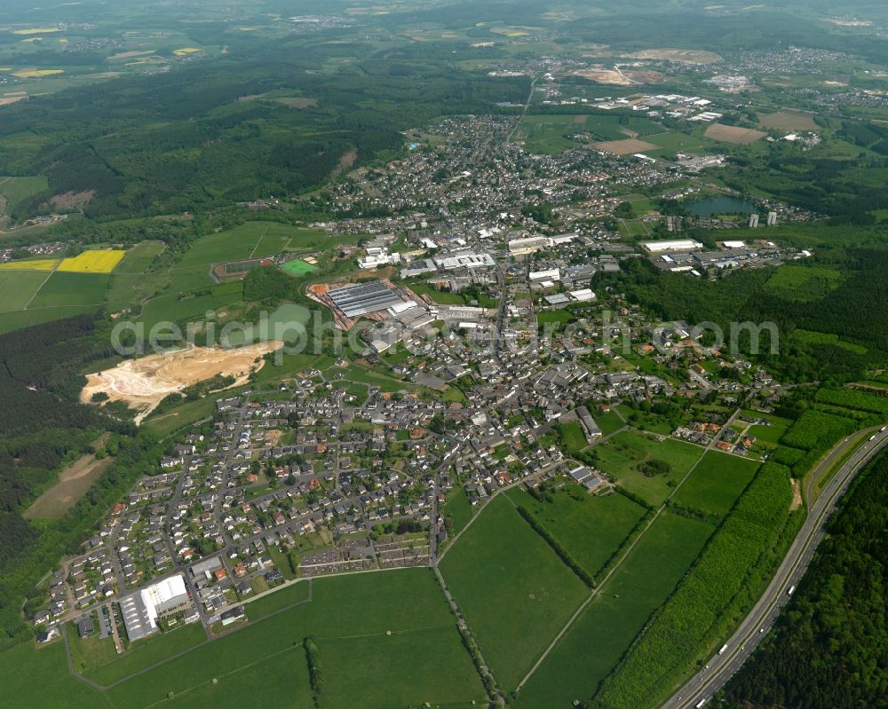 Ransbach-Baumbach from the bird's eye view: View of the town of Ransbach-Baumbach in the state of Rhineland-Palatinate. The town is located in the county district of Westerwaldkreis, in the Naturpark Nassau. It is a centre of pottery and clay works