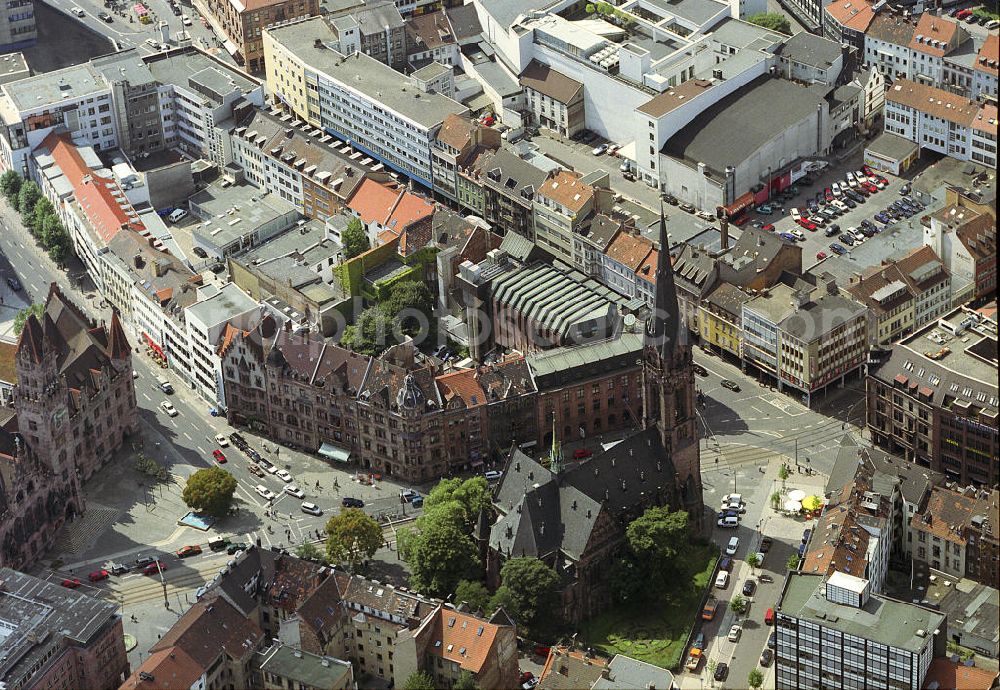 Saarbrücken from above - Stadtansicht auf den Altstadtbereich am Rathausplatz und der Johanneskirche. City View at the Old Town area at the Town Hall and St. John's Church.