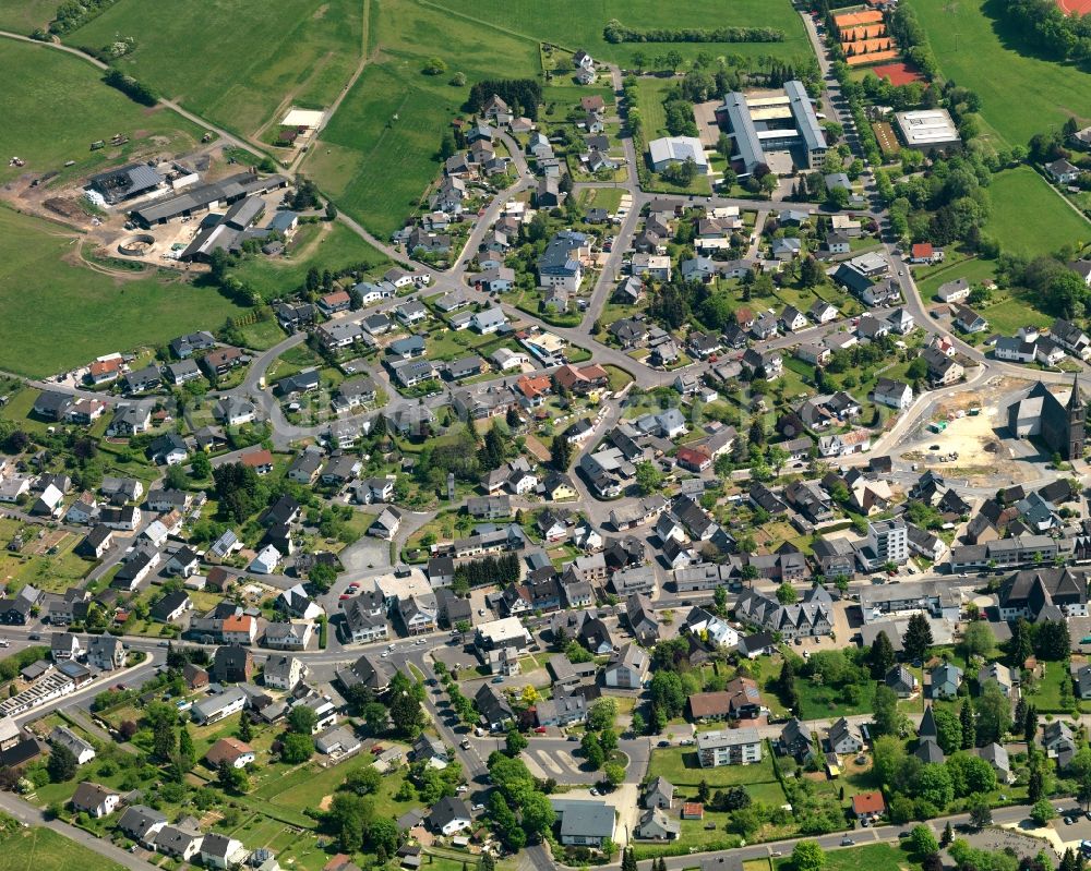 Aerial image Rennerod - View of the town of Rennerod in the state of Rhineland-Palatinate. The town is located in the Westerwald region and county district on federal highway B54. It is surrounded by industrial areas, agricultural fields and meadows