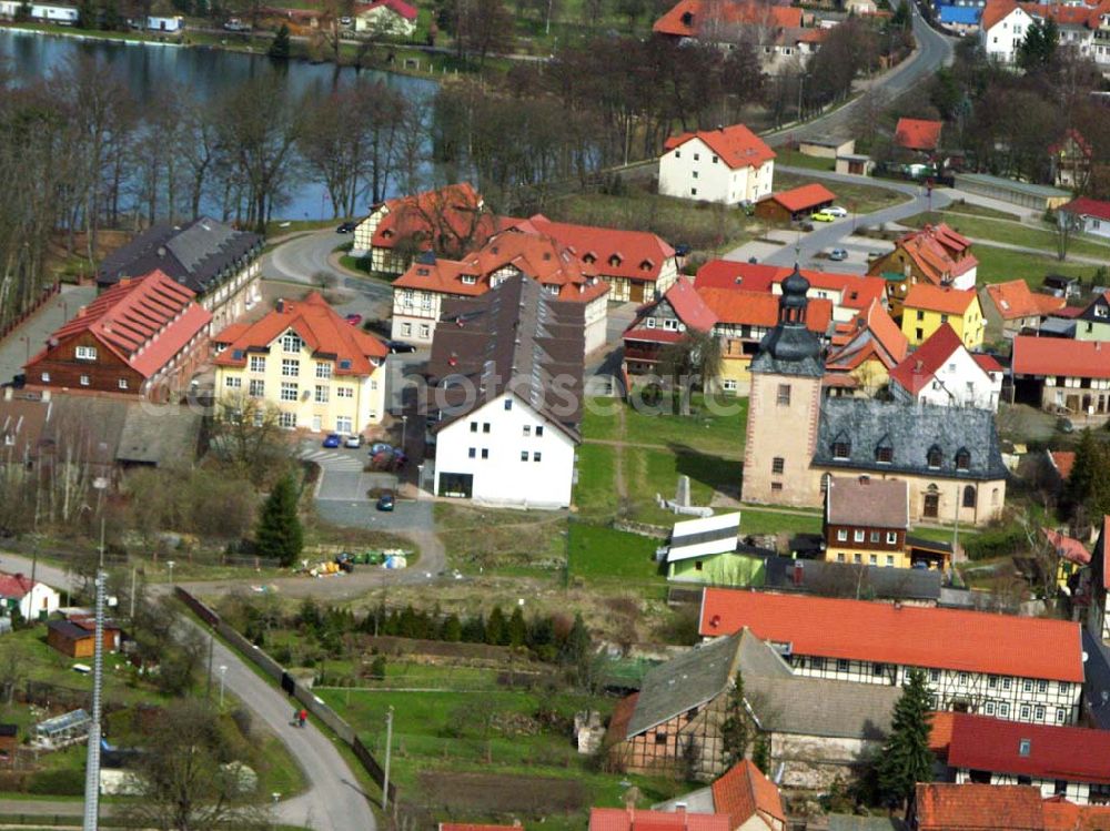 Aerial image Rottleberode - Rottleberode liegt im Landkreis Sangerhausen, an der westlichen Grenze des Landes Sachsen-Anhalt, am Rande des Südharzes, im Tal der Thyra. Der kleine Ort hat 1.813 Einwohner. Gemeinde Rottleberode, Hüttenhof 1, 06548 Rottleberode, Tel.: 034653 - 2 72, Fax: 034653 - 4 50