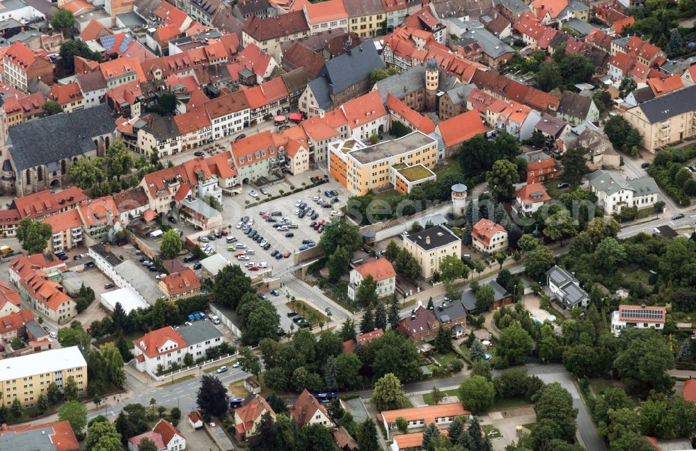 Sangerhausen from above - City view with the St. Ulrich's church in the center of Sangerhausen in Saxony-Anhalt