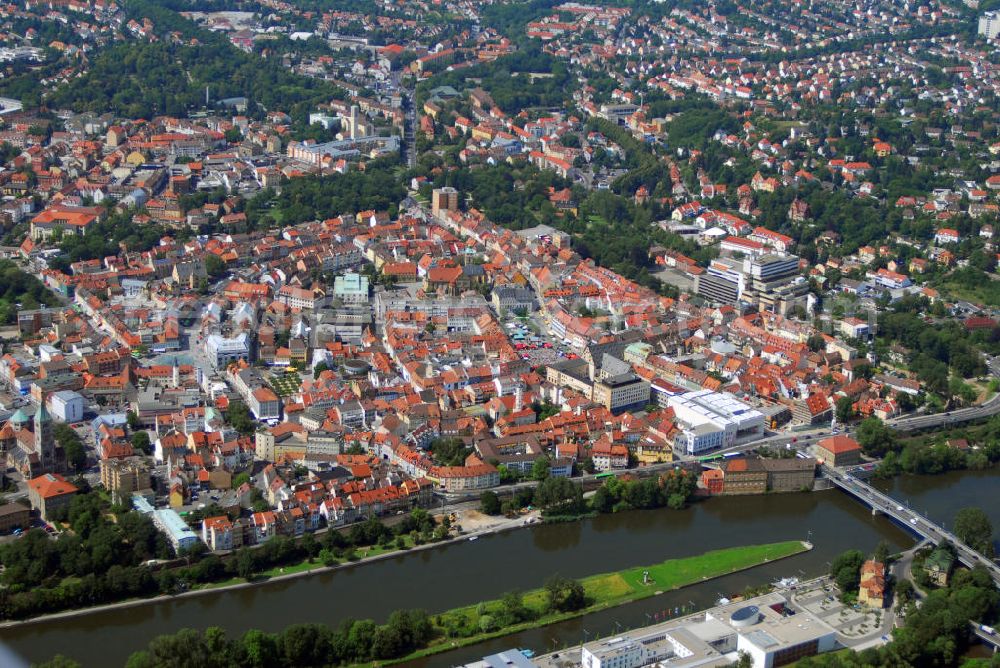 Aerial photograph SCHWEINFURT - Blick über den Main auf die Stadt Schweinfurt. Sie ist nach Würzburg und Aschaffenburg die drittgrößte Stadt in Unternterfranken. Kontakt: Rathaus der Stadt Schweinfurt, Markt 1, 97421 Schweinfurt, Tel. 09721 51-0, Fax 09721 51-266, E-Mail: pressestelle@schweinfurt.de,