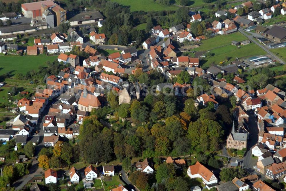 Schweinsberg from the bird's eye view: Blick auf Schweinsberg als Stadtteil von Stadtallendorf. Diese ist eine hessische Mittelstadt im Landkreis Marburg-Biedenkopf, die 18 km östlich von Marburg liegt.