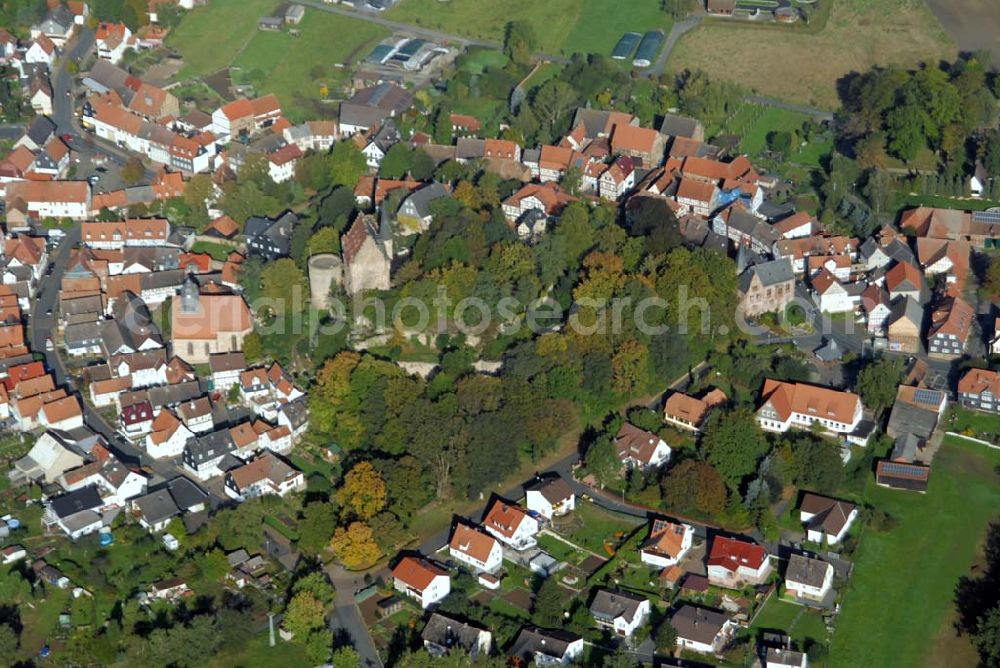 Schweinsberg from the bird's eye view: Blick auf Schweinsberg als Stadtteil von Stadtallendorf. Diese ist eine hessische Mittelstadt im Landkreis Marburg-Biedenkopf, die 18 km östlich von Marburg liegt.