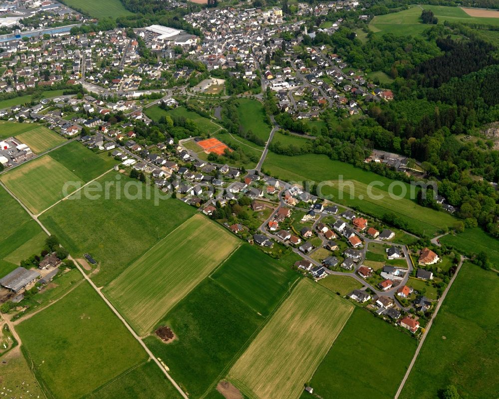 Aerial photograph Selters(Westerwald) - View of the Southwest of the town of Selters (Westerwald) in the state of Rhineland-Palatinate. The town is located in the county district of Westerwaldkreis and on the river Saynbach. The Southwest consists of residential streets and houses and is surrounded by meadows and fields