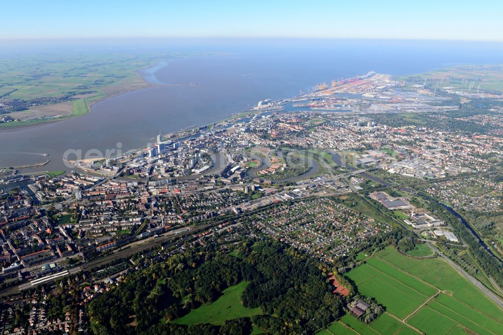 Aerial image Bremerhaven - City view of Bremerhaven with the haven and port facilities and nearby residential areas aswell as the river estuary of the river Weser into the North Sea in the state Bremen