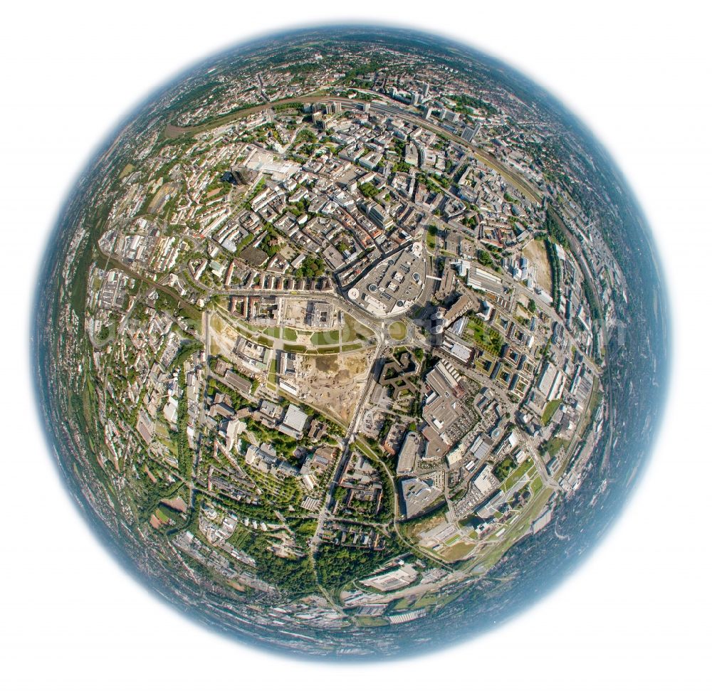 Aerial image Essen - Fisheye- Cityscape of downtown city of Essen in the Ruhr area in North Rhine-Westphalia