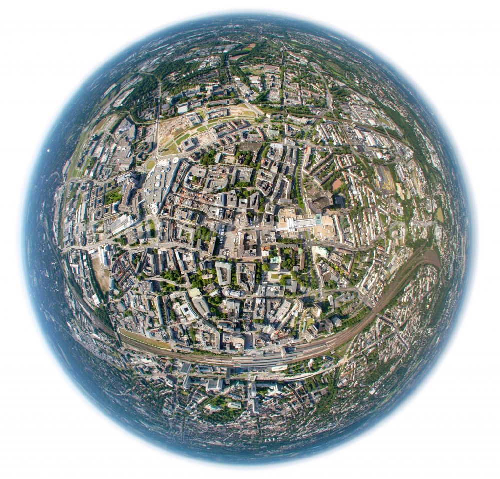 Aerial photograph Essen - Fisheye- Cityscape of downtown city of Essen in the Ruhr area in North Rhine-Westphalia