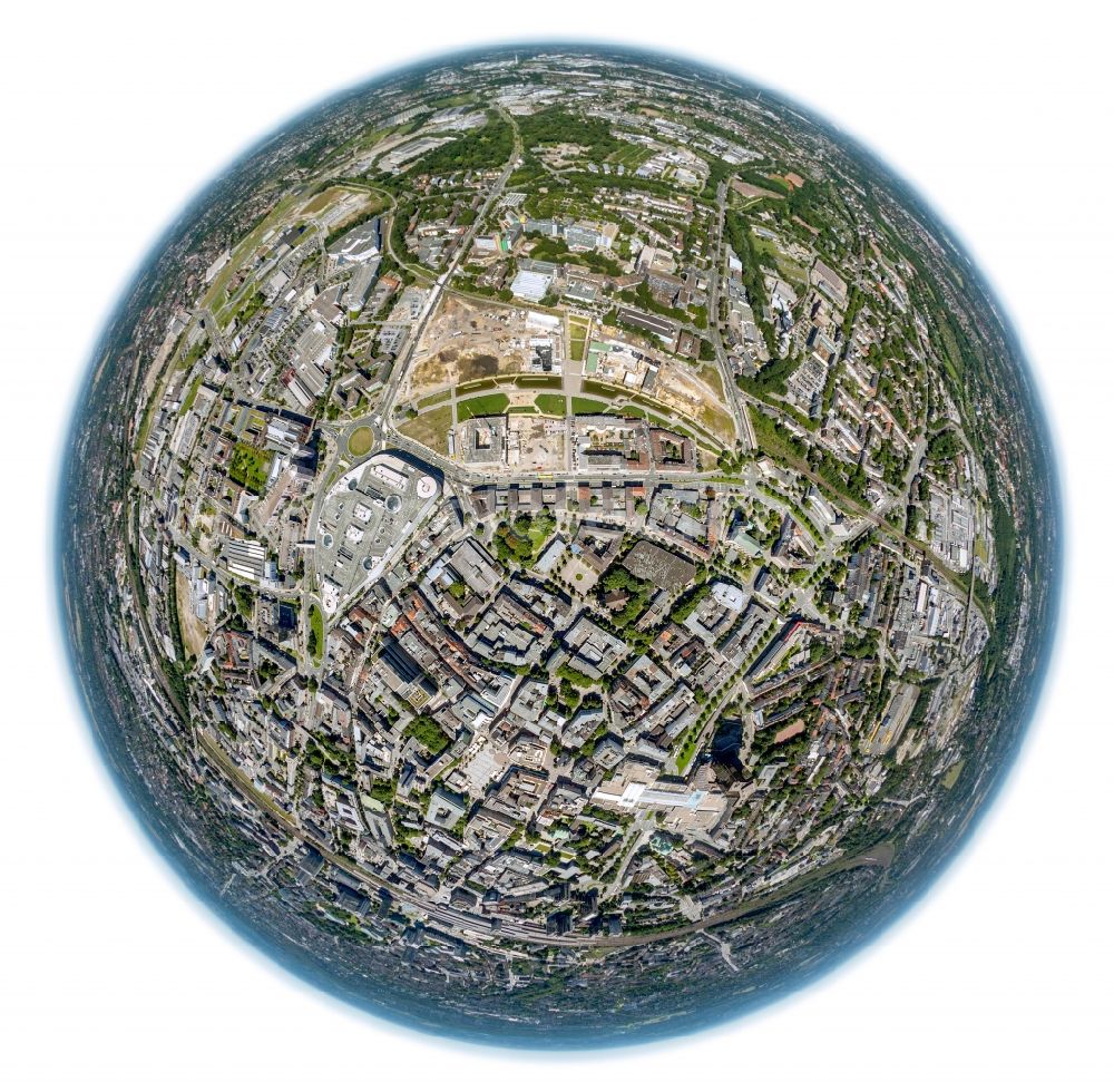 Essen from above - Fisheye- Cityscape of downtown city of Essen in the Ruhr area in North Rhine-Westphalia