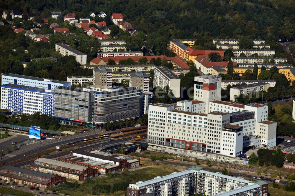 Berlin Prenzlauer Berg from above - Cityscape of the district Prenzlauer Berg with the Forum Landsberger Allee and the Andels Hotel at Landsberger Allee in Berlin. forumlandsbergerallee.com /