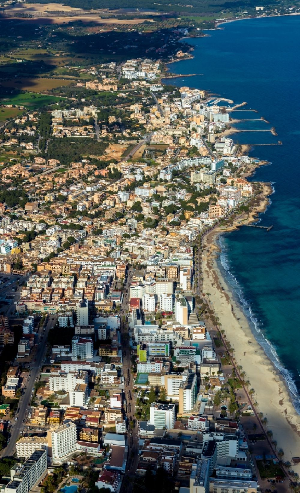 Cala Bona from the bird's eye view: District in the city in Cala Bona in Balearische Insel Mallorca, Spain