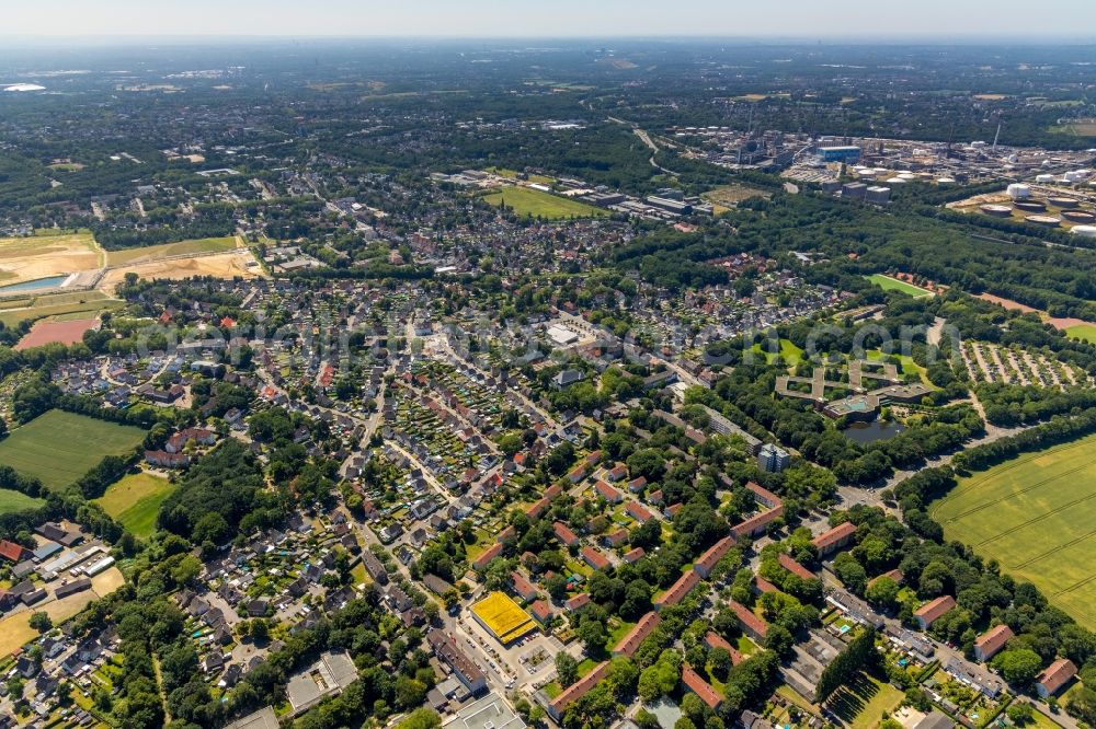 Aerial image Gelsenkirchen - District along the Bussmannstrasse - Oberfeldinger Strasse in the city in the district Hassel in Gelsenkirchen in the state North Rhine-Westphalia, Germany