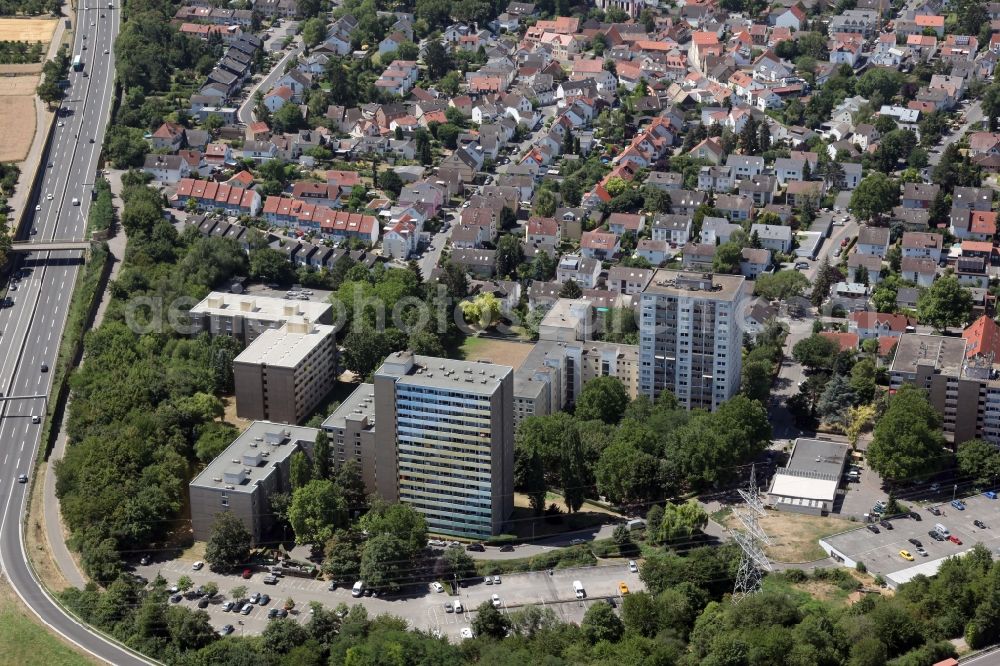 Mainz from above - District in the city in the district Marienborn in Mainz in the state Rhineland-Palatinate, Germany. In the foreground some skyscrapers, directly next to the motorways A60 and A63