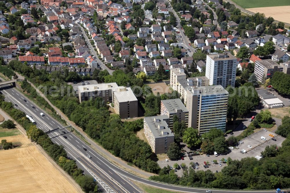 Mainz from above - District in the city in the district Marienborn in Mainz in the state Rhineland-Palatinate, Germany. In the foreground some skyscrapers, directly next to the motorways A60 and A63