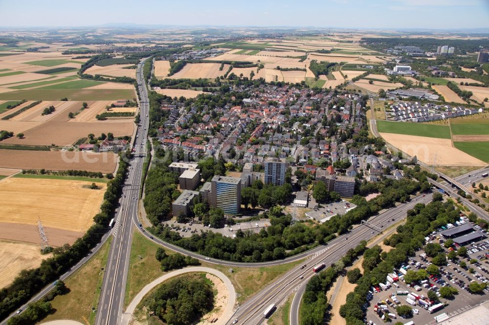 Aerial image Mainz - District in the city in the district Marienborn in Mainz in the state Rhineland-Palatinate, Germany. In the foreground some skyscrapers, directly next to the motorways A60 and A63