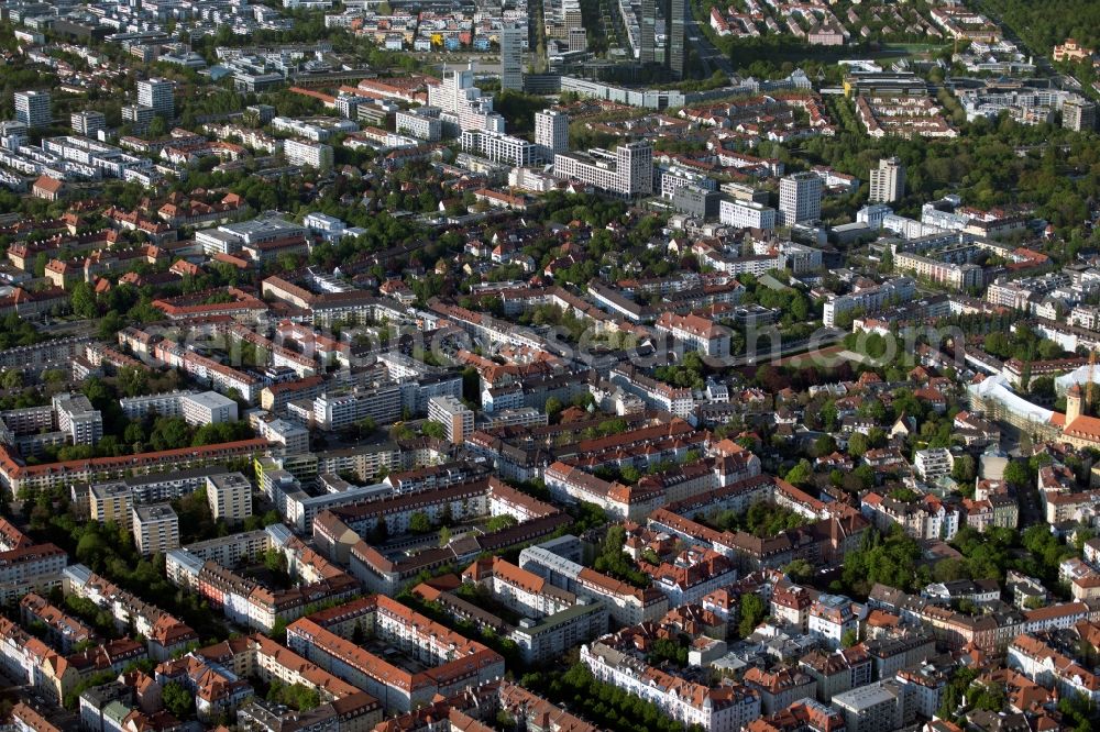 Aerial image München - District in the city in the district Schwabing-West in Munich in the state Bavaria, Germany