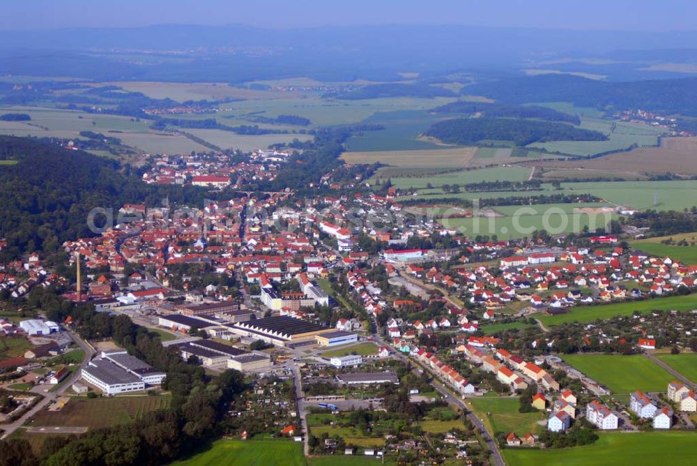 Stadtilm from the bird's eye view: Blick auf die Stadt Stadtilm und das Gewes Gelenkwellenwerk Stadtilm GmbH in der Weimarische Str. 56 in 99326 Stadtilm. Tel: 03629/640-0 Fax: 03629/800002 Web: http://