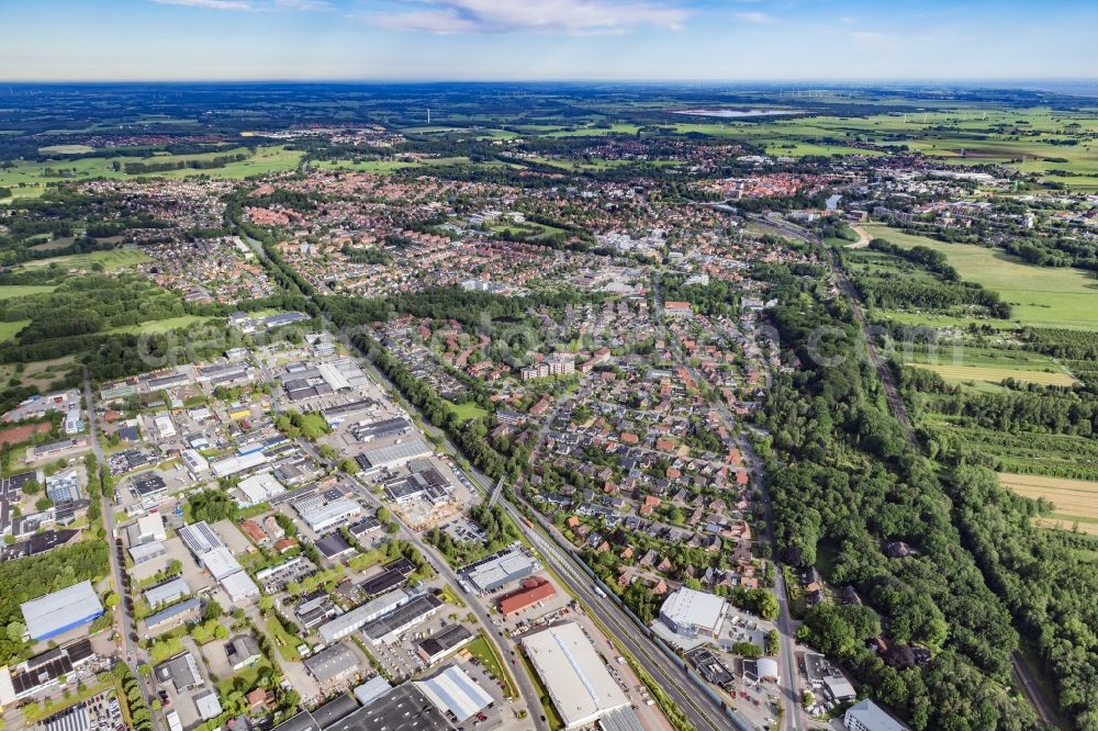 Stade from above - City view of the Campe district with the new development area on the fairground in Stade in the state Lower Saxony, Germany