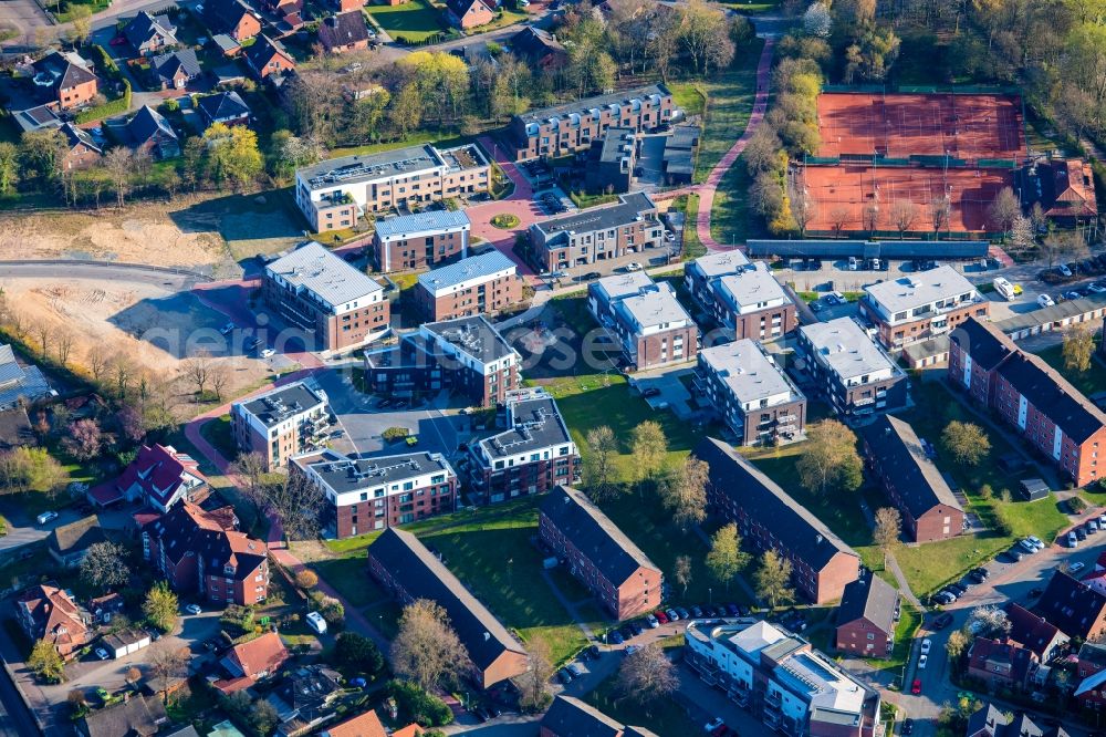 Stade from above - City view of the Campe district with the new development area on the fairground in Stade in the state Lower Saxony, Germany