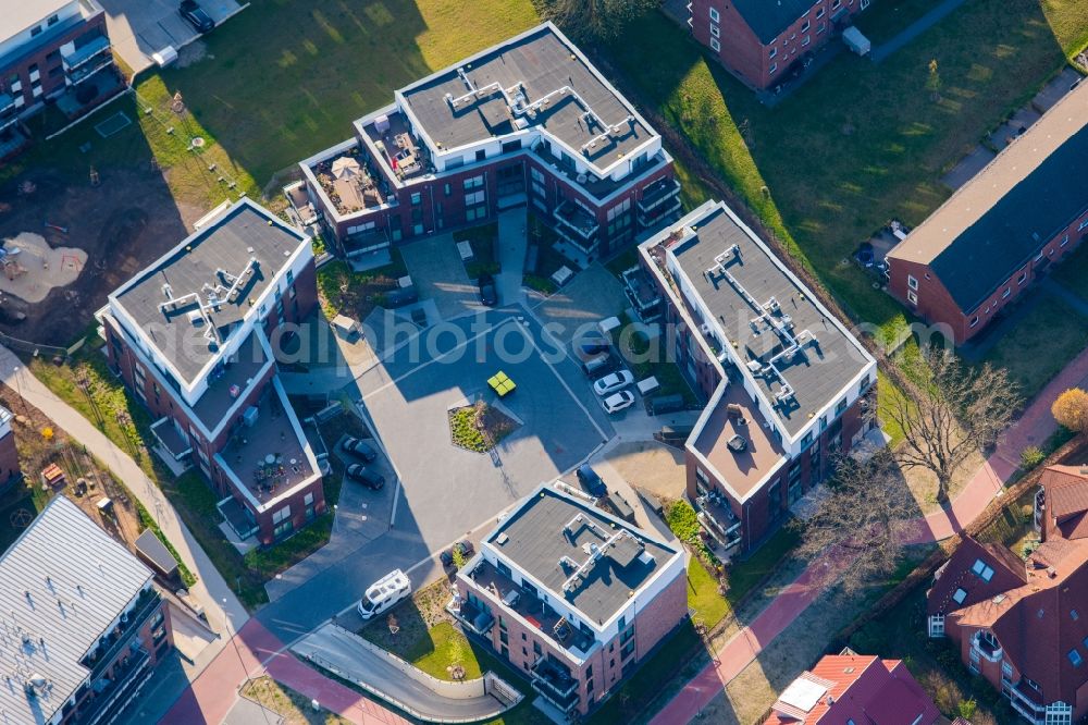 Aerial photograph Stade - City view of the Campe district with the new development area on the fairground in Stade in the state Lower Saxony, Germany