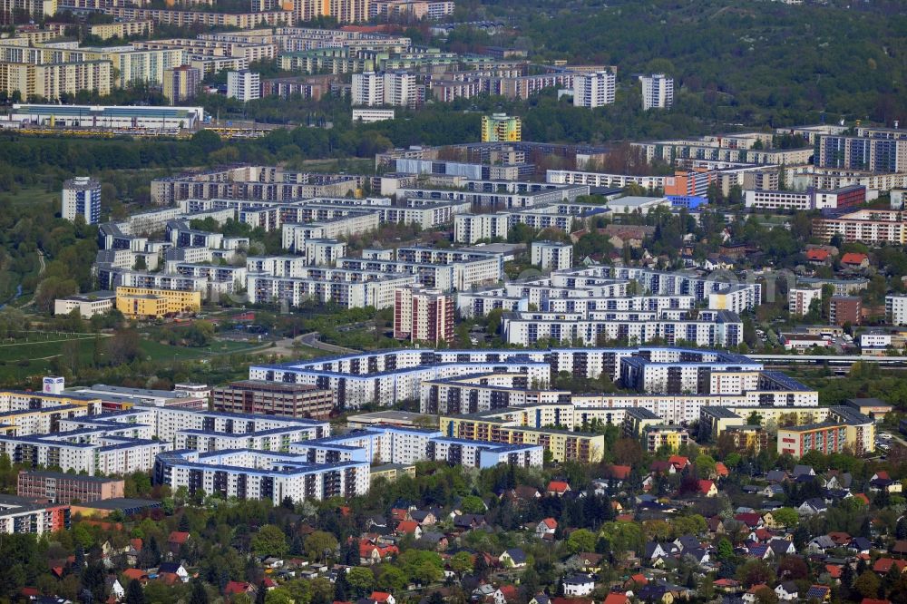 Berlin Marzahn Hellersdorf from the bird's eye view: City view from the village of Marzahn-Hellersdorf district with the largest contiguous block of residential areas in way of GDR - Times