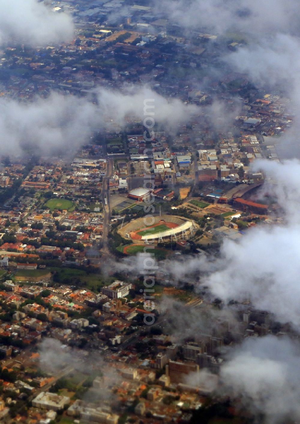 Aerial image Johannesburg - District New Doornfontein with Bertrams Stadium and Ellis Park Stadium in the city in Johannesburg in Gauteng, South Africa