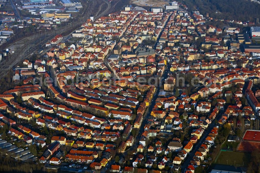 Weimar from above - Cityscape of the district Nordvorstadt along the Roehrstrasse in Weimar in the state Thuringia, Germany