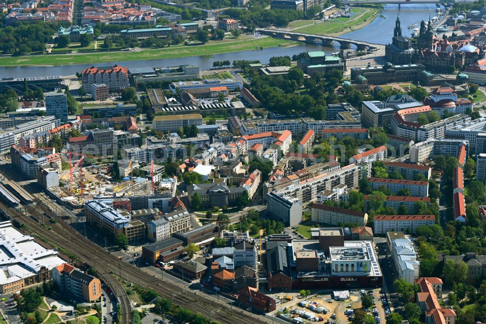 Dresden from the bird's eye view: City view in the urban area in the district Wilsdruffer Vorstadt in Dresden in the state Saxony, Germany