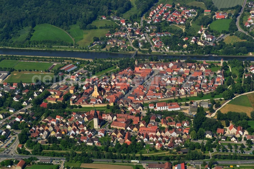 Aerial image Berching - City view from the town center and the city on the banks of the Main-Danube Canal in Berching in the state of Bavaria in Germany / Europe