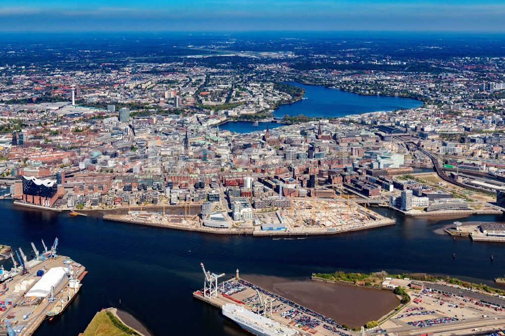 Hamburg from above - City view of the city center on the river bank of the River Elbe, in the district HafenCity in Hamburg, Germany