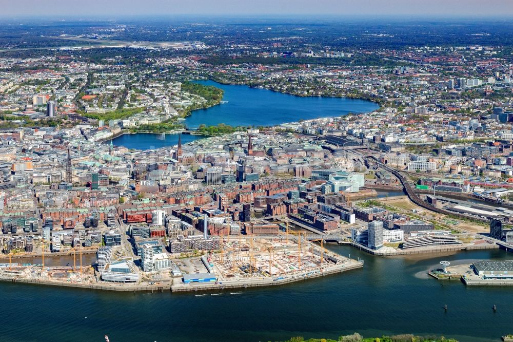 Hamburg from the bird's eye view: City view of the city center on the river bank of the River Elbe, in the district HafenCity in Hamburg, Germany