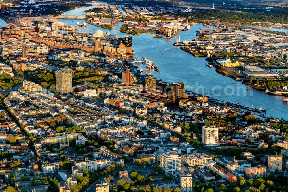 Aerial image Hamburg - City view of the city center on the river bank of the River Elbe, in the district HafenCity in Hamburg, Germany