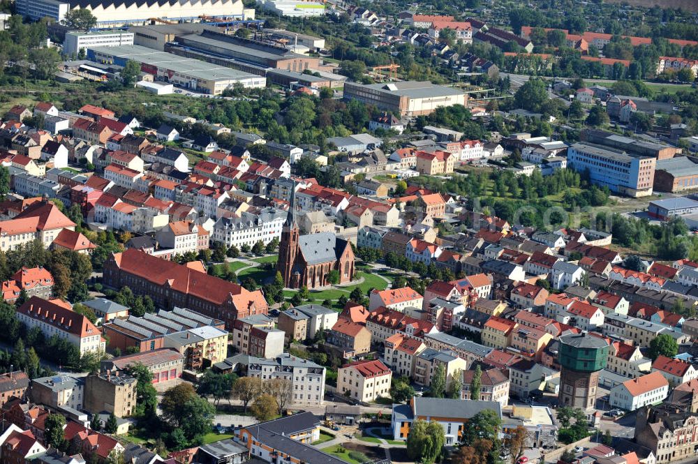 Staßfurt from above - Cityscape of Stassfurt with the St. Peter´s church and the water tower in Saxony-Anhalt