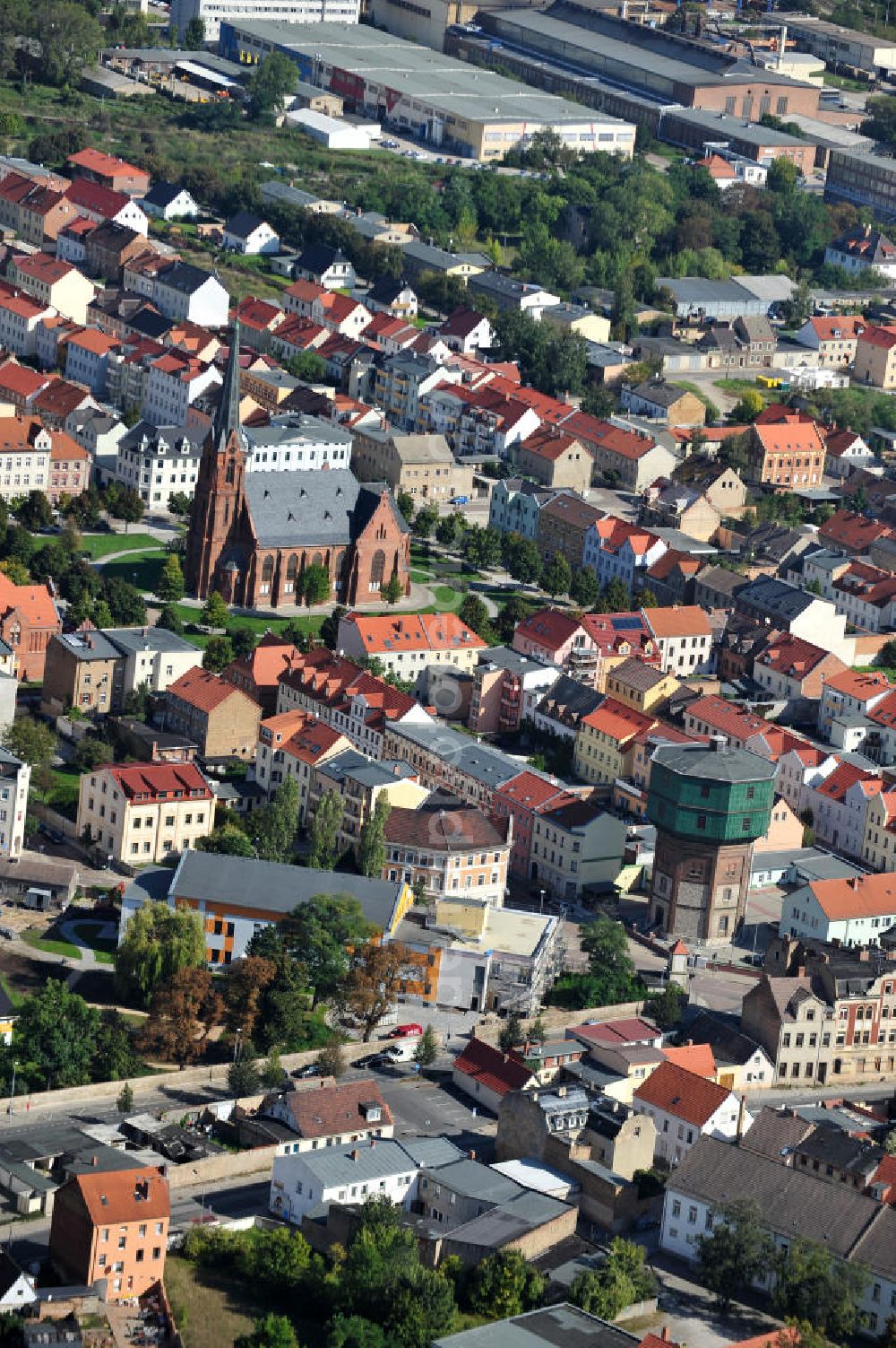 Aerial image Staßfurt - Cityscape of Stassfurt with the St. Peter´s church and the water tower in Saxony-Anhalt